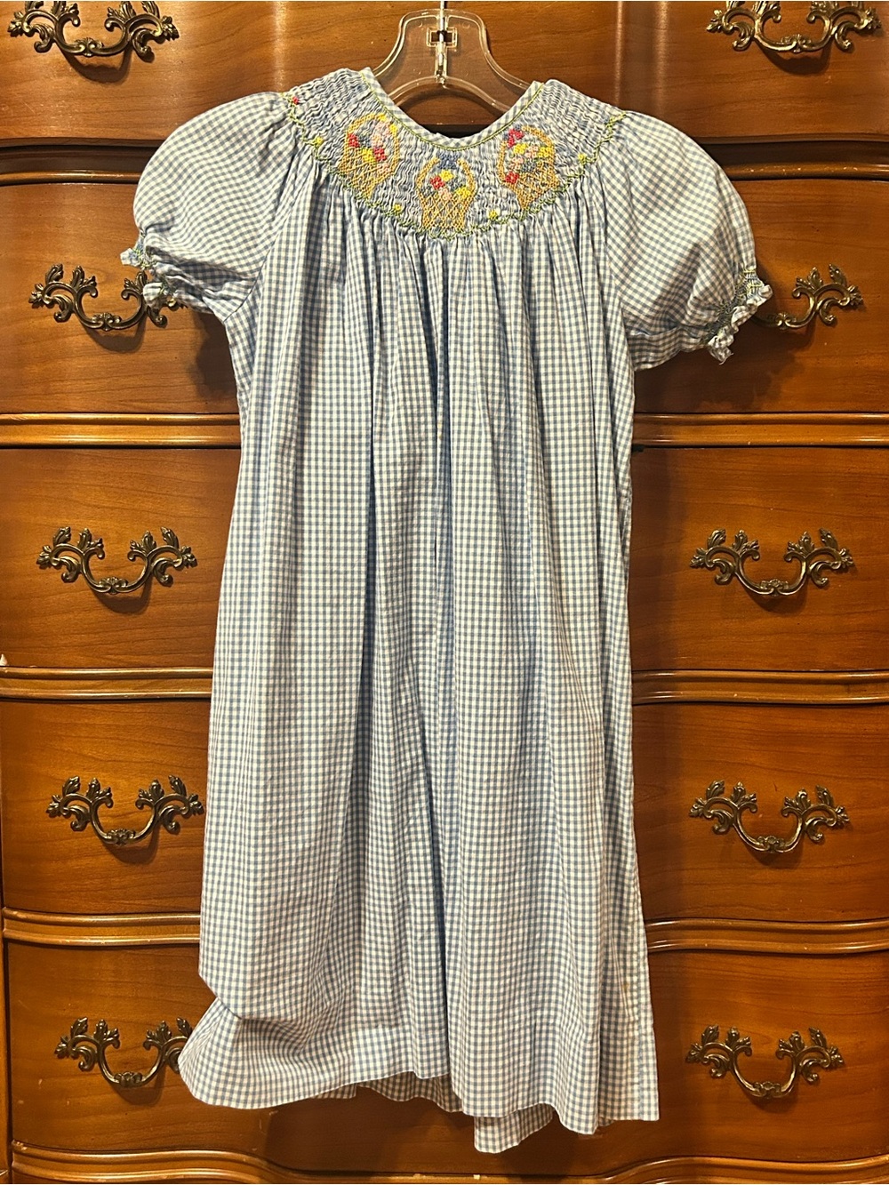 Vintage The Plantation Shop Smocked Blue Gingham Kids Dress with Floral Baskets